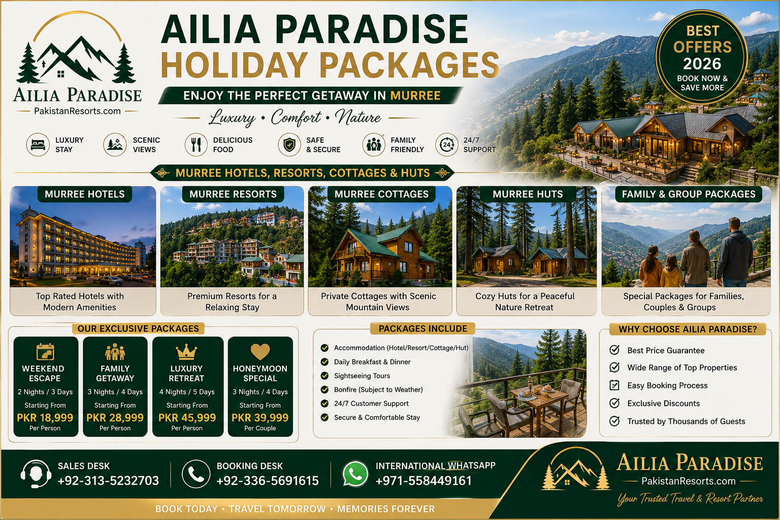 Ailia Paradise holiday packages 2026 for Murree hotels resorts cottages and huts